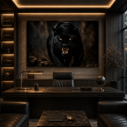 Black Panther Stalking Through the Shadows Wrapped Canvas Wall Art – Fierce Big Cat Wildlife Print - ART OF ROYALS