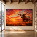 Texas Longhorn Bull at Sunset Wrapped Canvas Wall Art – Colorful Western Ranch Cattle Painting
