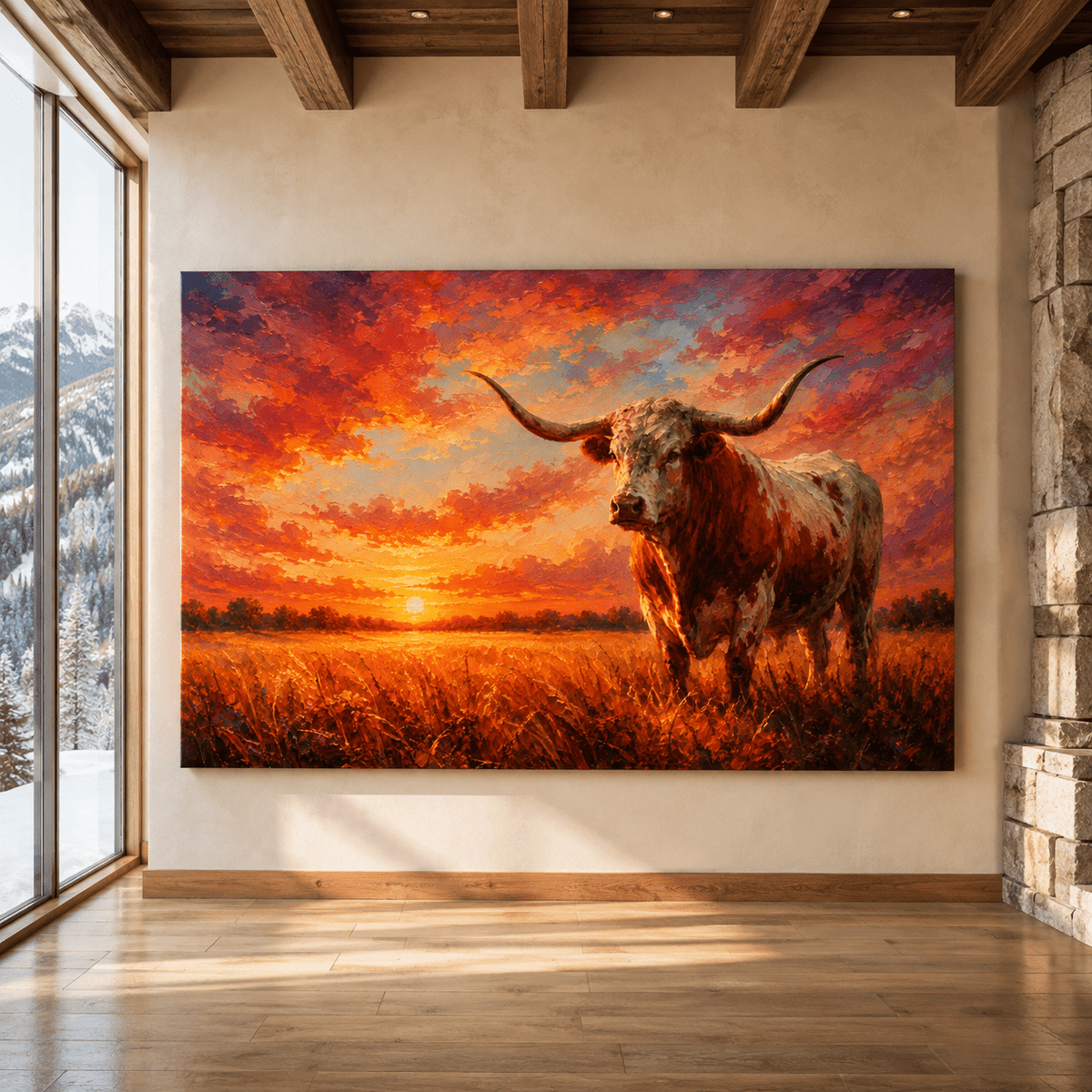 Texas Longhorn Bull at Sunset Wrapped Canvas Wall Art – Colorful Western Ranch Cattle Painting - ART OF ROYALS