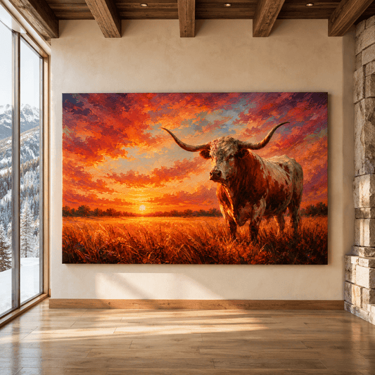 Texas Longhorn Bull at Sunset Wrapped Canvas Wall Art – Colorful Western Ranch Cattle Painting - ART OF ROYALS