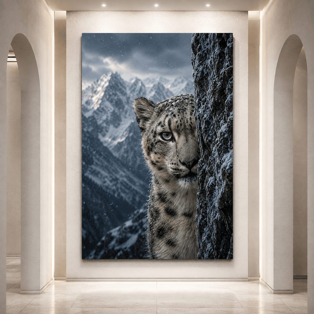 Snow Leopard Peeking from Rocky Cliff Wrapped Canvas Wall Art – Mountain Wildlife Portrait Print - ART OF ROYALS