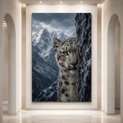 Snow Leopard Peeking from Rocky Cliff Wrapped Canvas Wall Art – Mountain Wildlife Portrait Print - ART OF ROYALS