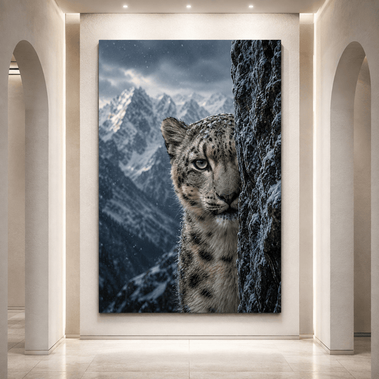 Snow Leopard Peeking from Rocky Cliff Wrapped Canvas Wall Art – Mountain Wildlife Portrait Print - ART OF ROYALS