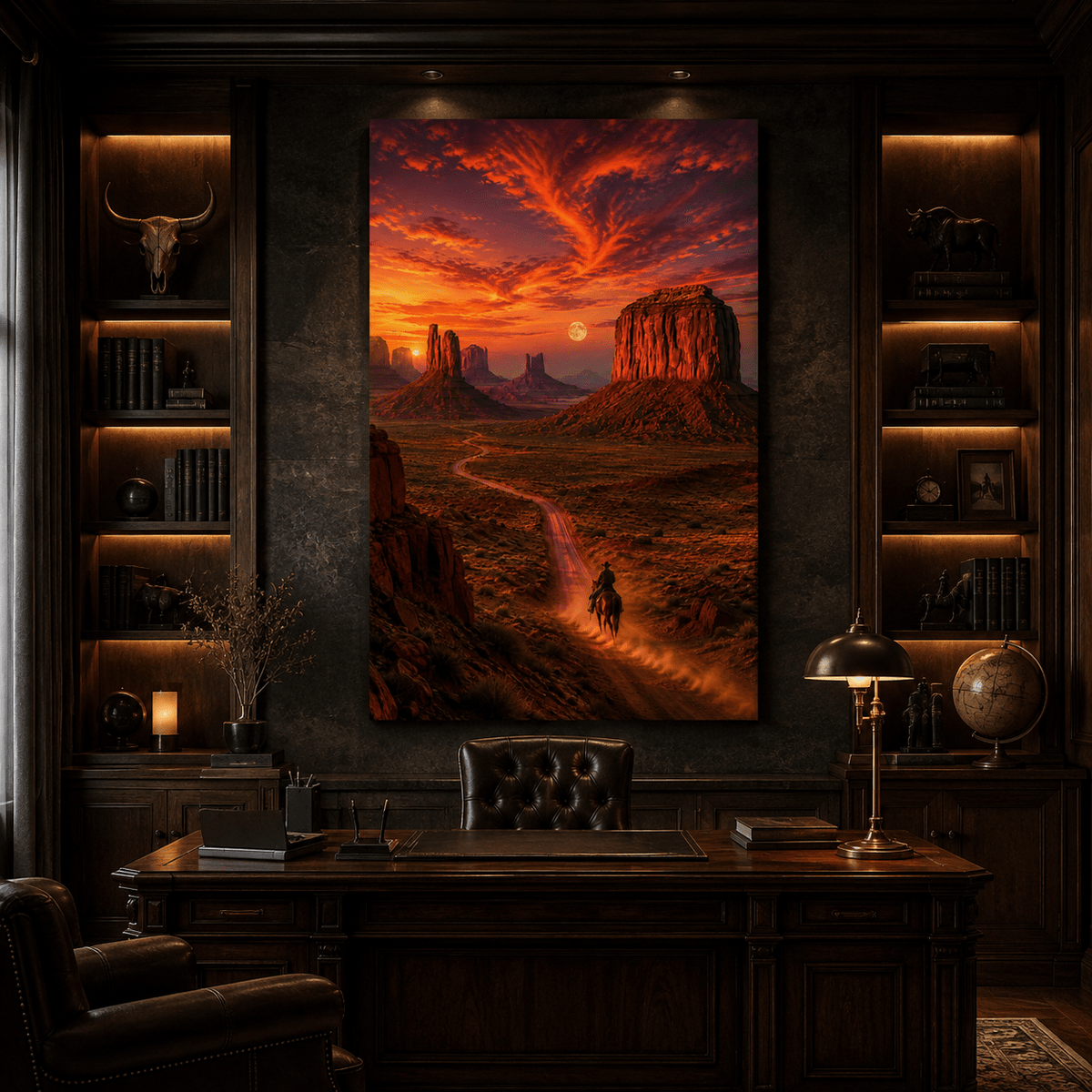 Lone Cowboy at Desert Sunset Wrapped Canvas Wall Art – Western Monument Valley Landscape Print - ART OF ROYALS