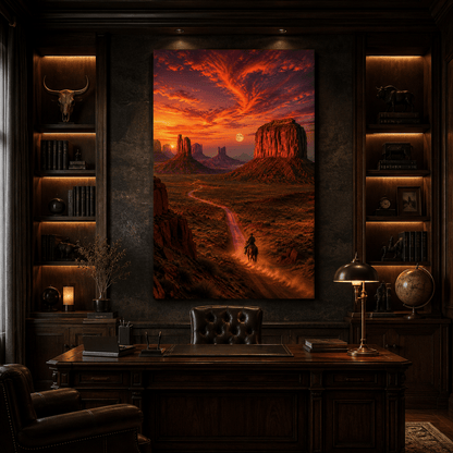 Lone Cowboy at Desert Sunset Wrapped Canvas Wall Art – Western Monument Valley Landscape Print - ART OF ROYALS