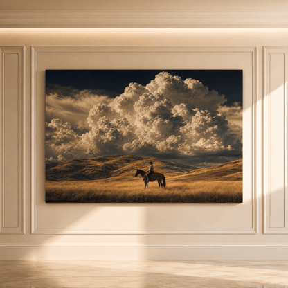 Lone Cowboy Beneath Storm Clouds Wrapped Canvas Wall Art – Western Prairie Horse Landscape Print - ART OF ROYALS