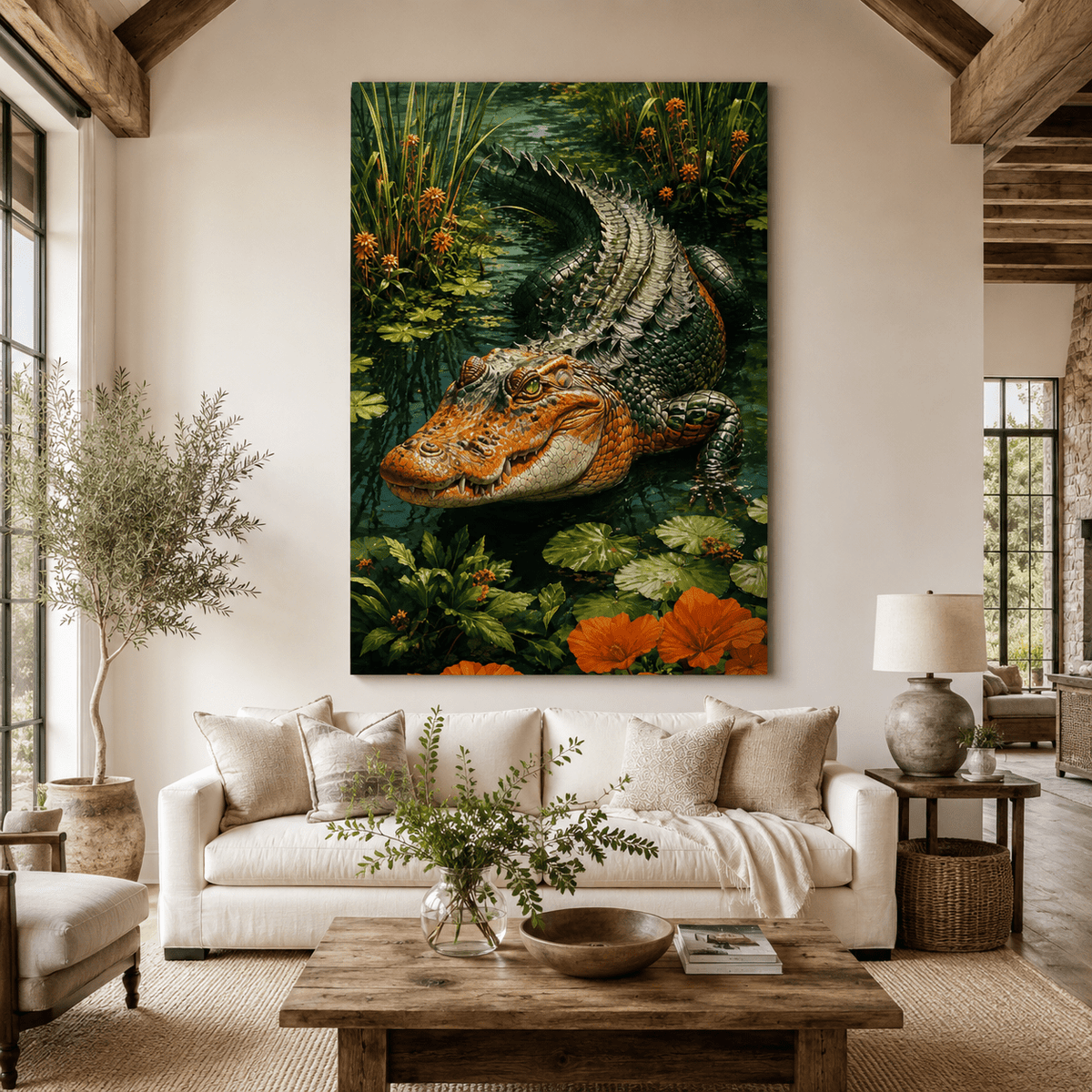 Alligator in Lotus Pond Wrapped Canvas Wall Art – Botanical Wetland Reptile Wildlife Print - ART OF ROYALS