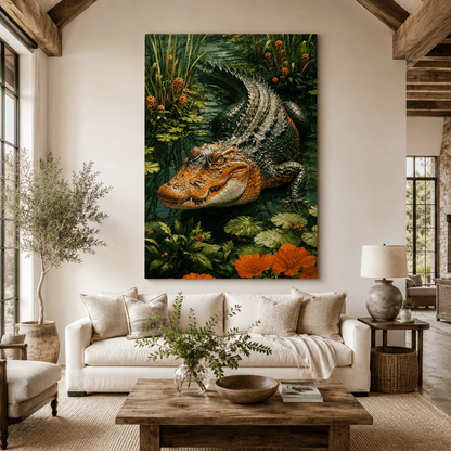 Alligator in Lotus Pond Wrapped Canvas Wall Art – Botanical Wetland Reptile Wildlife Print - ART OF ROYALS