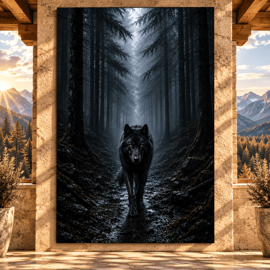 Black Wolf in Dark Forest Wrapped Canvas Wall Art – Moody Woodland Wildlife Print - ART OF ROYALS