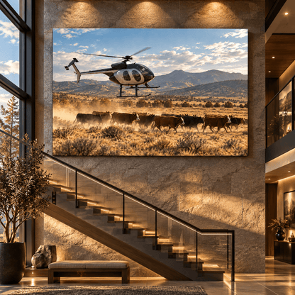 Helicopter Herding Cattle Across Mountain Ranch Wrapped Canvas Wall Art – Western Cattle Mustering Print - ART OF ROYALS