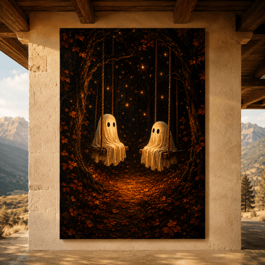 Two Ghosts on Swings Wrapped Canvas Wall Art – Enchanted Halloween Forest Print - ART OF ROYALS