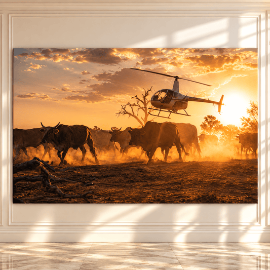 Helicopter Cattle Mustering at Sunset Wrapped Canvas Wall Art – Dusty Ranch Herd Print - ART OF ROYALS