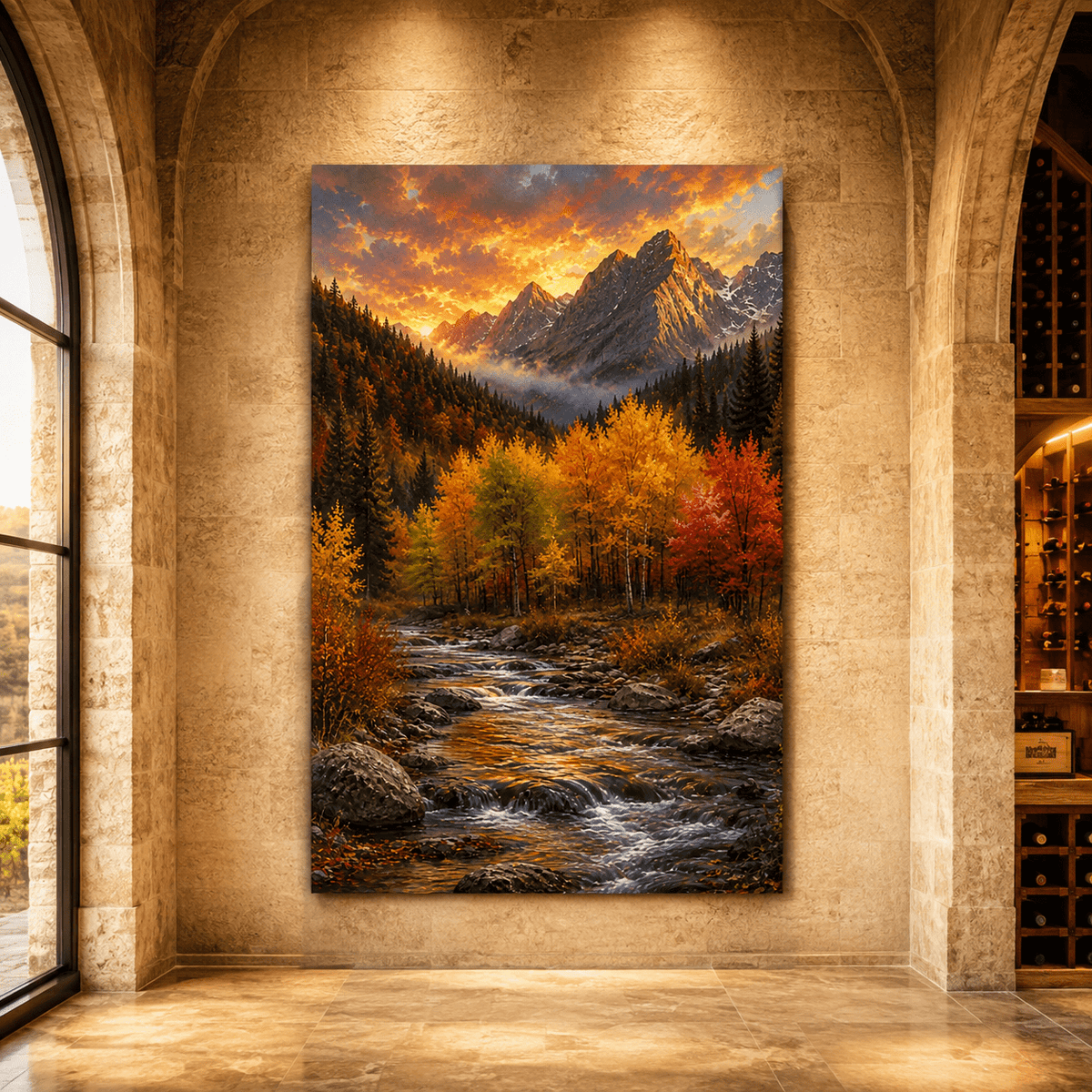 Autumn Mountain Stream Wrapped Canvas Wall Art – Fall Foliage Sunset Landscape Print - ART OF ROYALS
