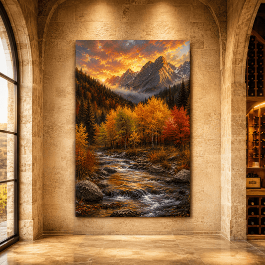 Autumn Mountain Stream Wrapped Canvas Wall Art – Fall Foliage Sunset Landscape Print - ART OF ROYALS