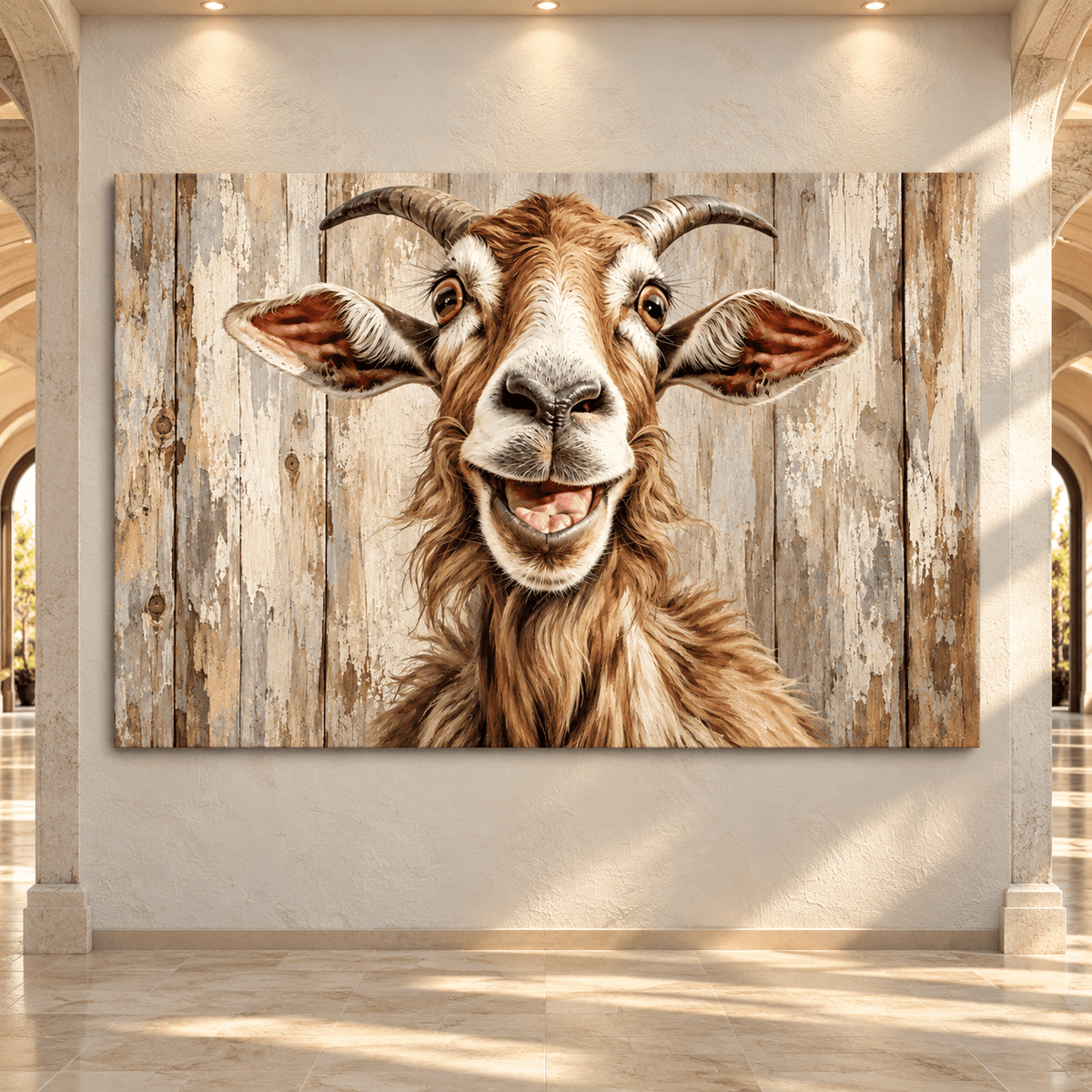 Funny Smiling Goat Wrapped Canvas Wall Art – Rustic Farmhouse Animal Portrait - ART OF ROYALS