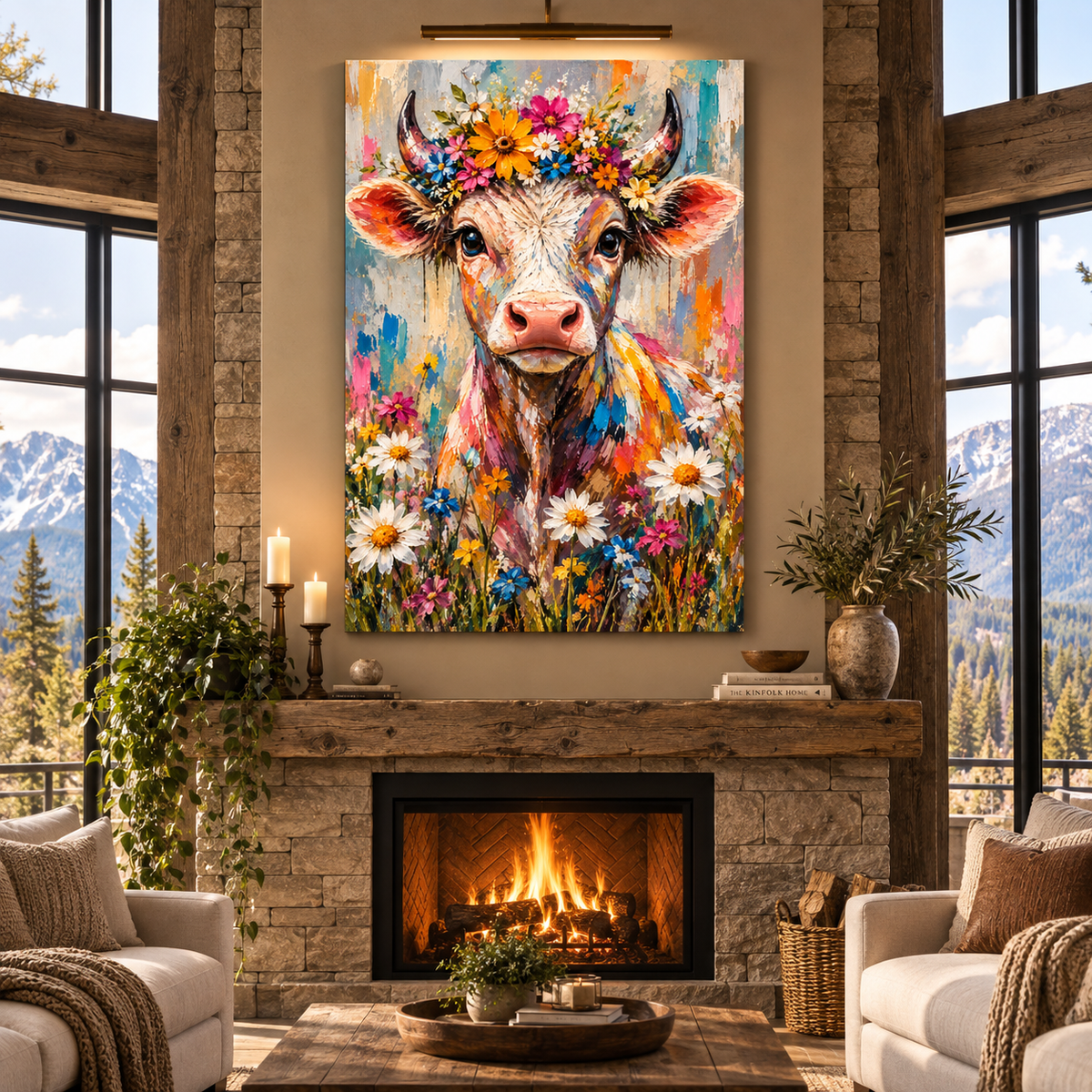Colorful Floral Cow Wrapped Canvas Wall Art – Whimsical Farmhouse Cow Portrait with Wildflowers - ART OF ROYALS