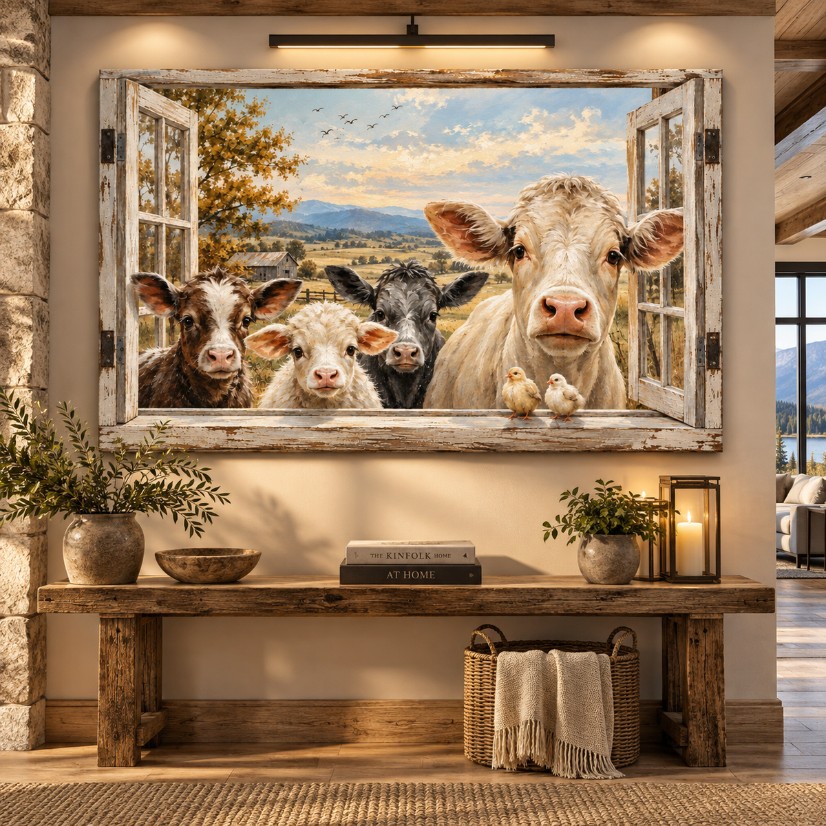 Farm Cow Family Wrapped Canvas Wall Art – Rustic Cattle & Calves Country Farmhouse Painting