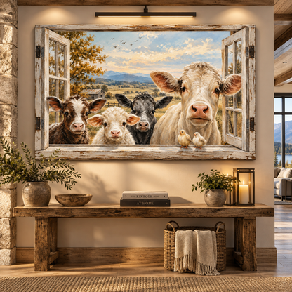 Farm Cow Family Wrapped Canvas Wall Art – Rustic Cattle & Calves Country Farmhouse Painting