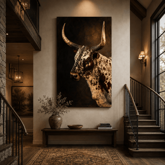 Texas Longhorn Bull Portrait Wrapped Canvas Wall Art – Speckled Cattle Western Ranch Print - ART OF ROYALS
