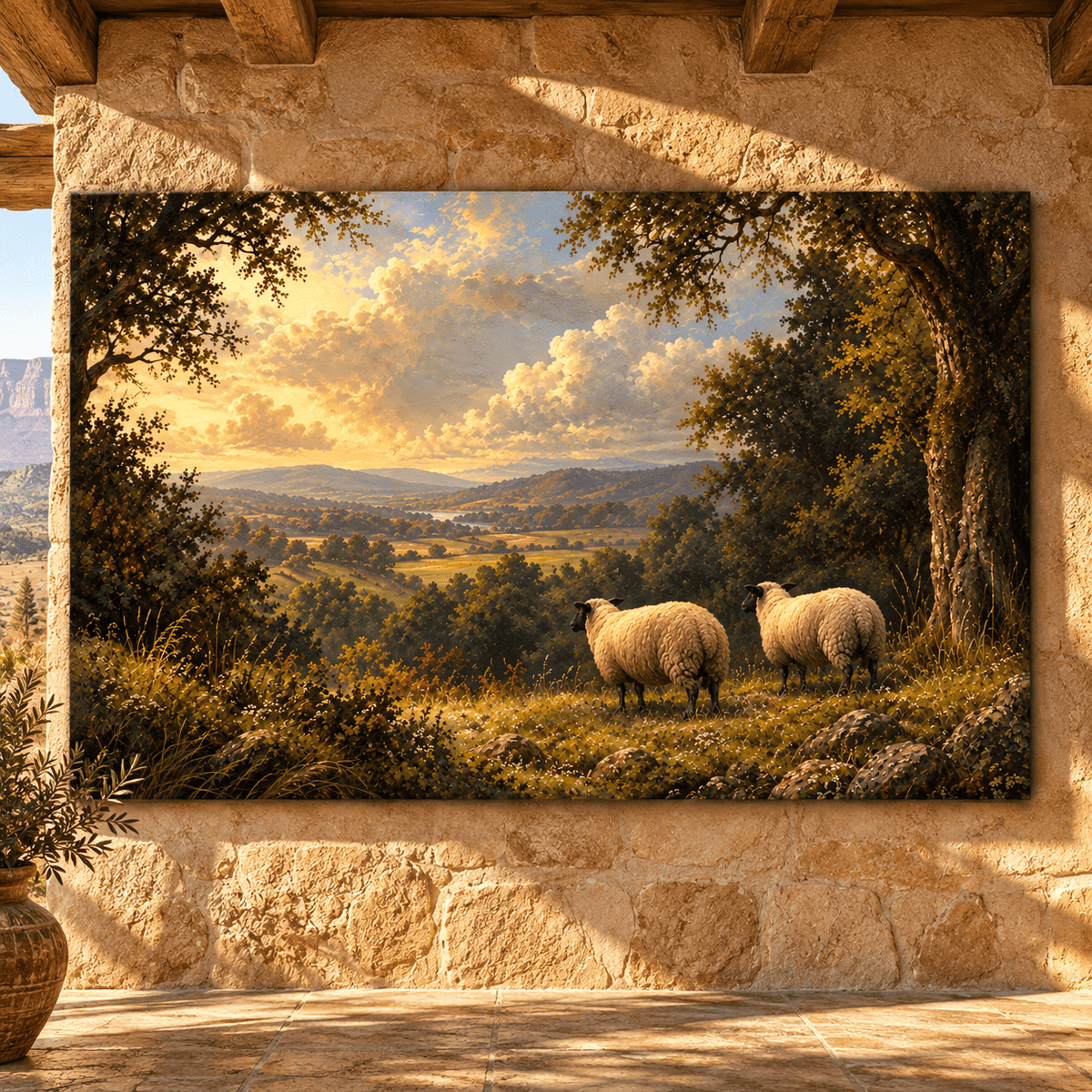 Two Sheep Overlooking Countryside Wrapped Canvas Wall Art – Pastoral Farm Landscape Painting - ART OF ROYALS