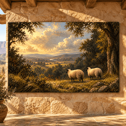 Two Sheep Overlooking Countryside Wrapped Canvas Wall Art – Pastoral Farm Landscape Painting - ART OF ROYALS