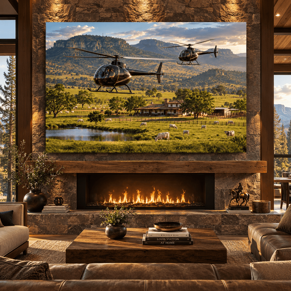 Cattle Ranch Helicopter Wrapped Canvas Wall Art – Luxury Ranch Landscape with Grazing Cows - ART OF ROYALS