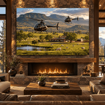 Cattle Ranch Helicopter Wrapped Canvas Wall Art – Luxury Ranch Landscape with Grazing Cows - ART OF ROYALS