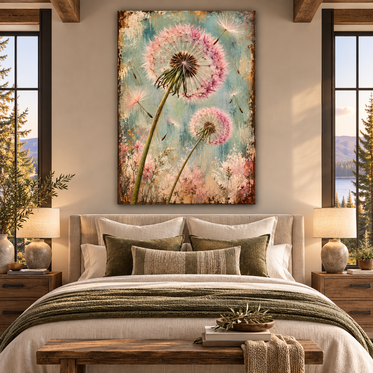 Pink Dandelion Wrapped Canvas Wall Art – Vintage Botanical Wildflower Painting