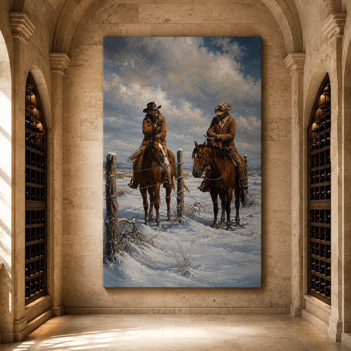 Two Cowboys on Horseback in Winter Wrapped Canvas Wall Art – Snowy Western Ranch Print - ART OF ROYALS