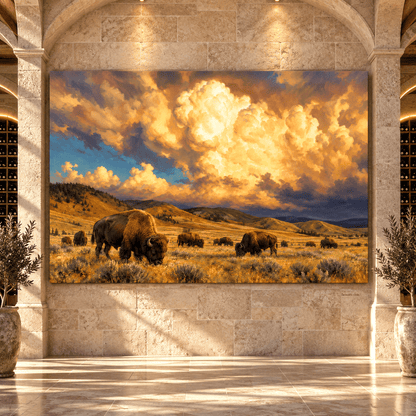 Buffalo Herd Under Golden Storm Clouds Wrapped Canvas Wall Art – Western Bison Prairie Landscape - ART OF ROYALS