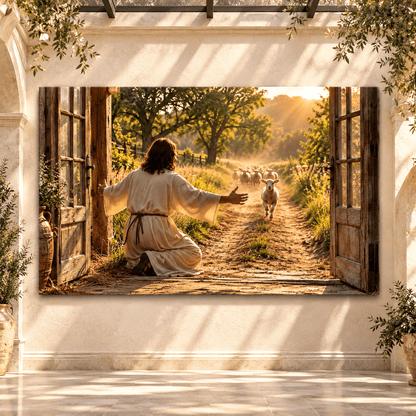 Good Shepherd Welcoming the Lost Lamb Wrapped Canvas Wall Art – Biblical Christian Farmhouse Scene - ART OF ROYALS