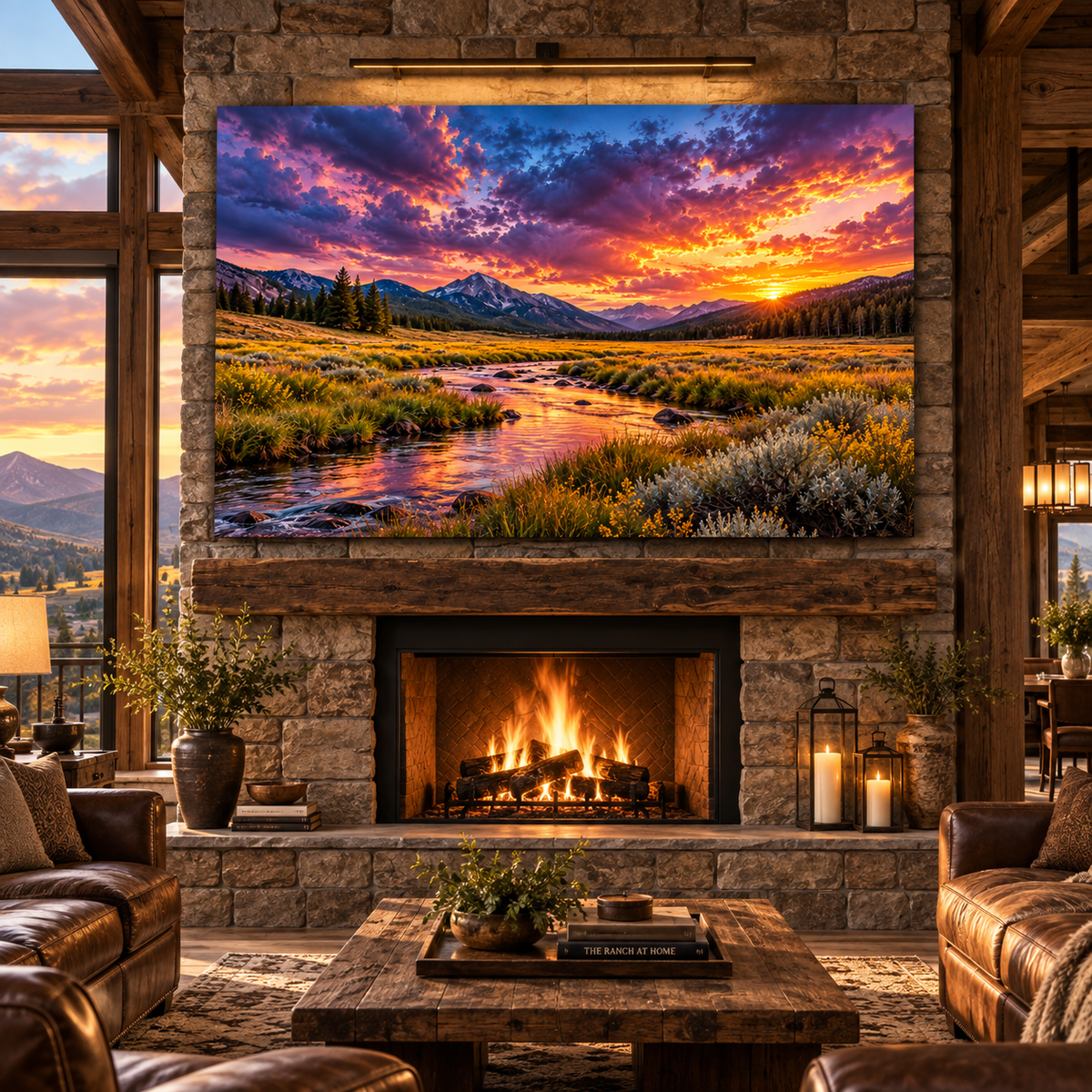 Mountain Valley Sunset Wrapped Canvas Wall Art – Golden River & Dramatic Sky Landscape - ART OF ROYALS