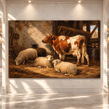 Cow and Sheep in Rustic Barn Wrapped Canvas Wall Art – Vintage Farm Animal Painting - ART OF ROYALS