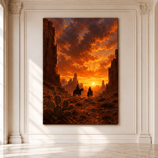 Two Cowboys Riding Into the Western Sunset Wrapped Canvas Wall Art – Desert Canyon Horseback Print - ART OF ROYALS