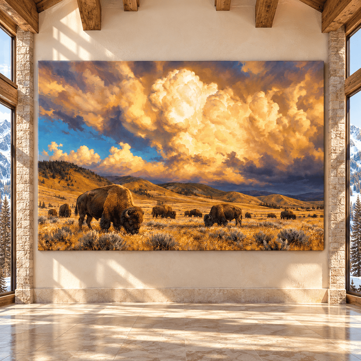 Buffalo Herd Under Golden Storm Clouds Wrapped Canvas Wall Art – Western Bison Prairie Landscape - ART OF ROYALS