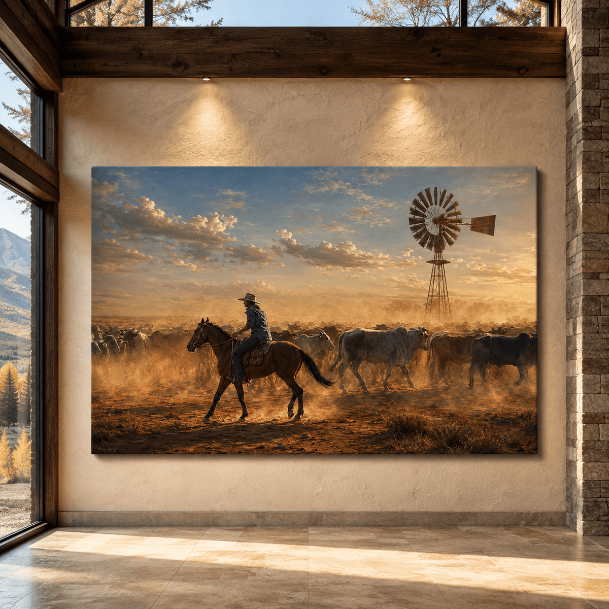 Cattle Drive at Sunset Wrapped Canvas Wall Art – Dusty Ranch Windmill Print - ART OF ROYALS