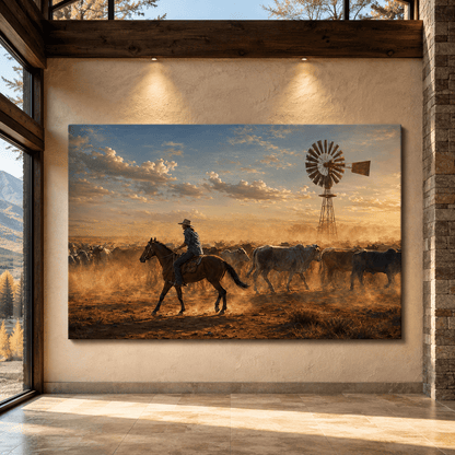 Cattle Drive at Sunset Wrapped Canvas Wall Art – Dusty Ranch Windmill Print - ART OF ROYALS