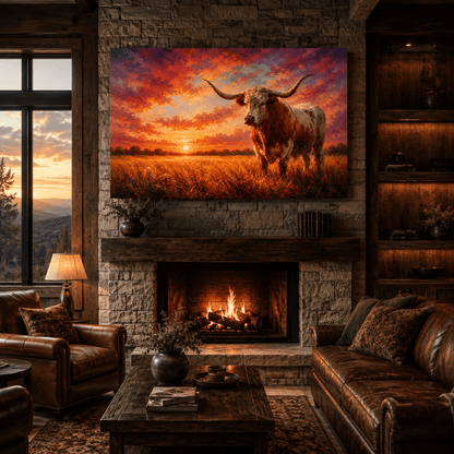 Texas Longhorn Bull at Sunset Wrapped Canvas Wall Art – Colorful Western Ranch Cattle Painting - ART OF ROYALS