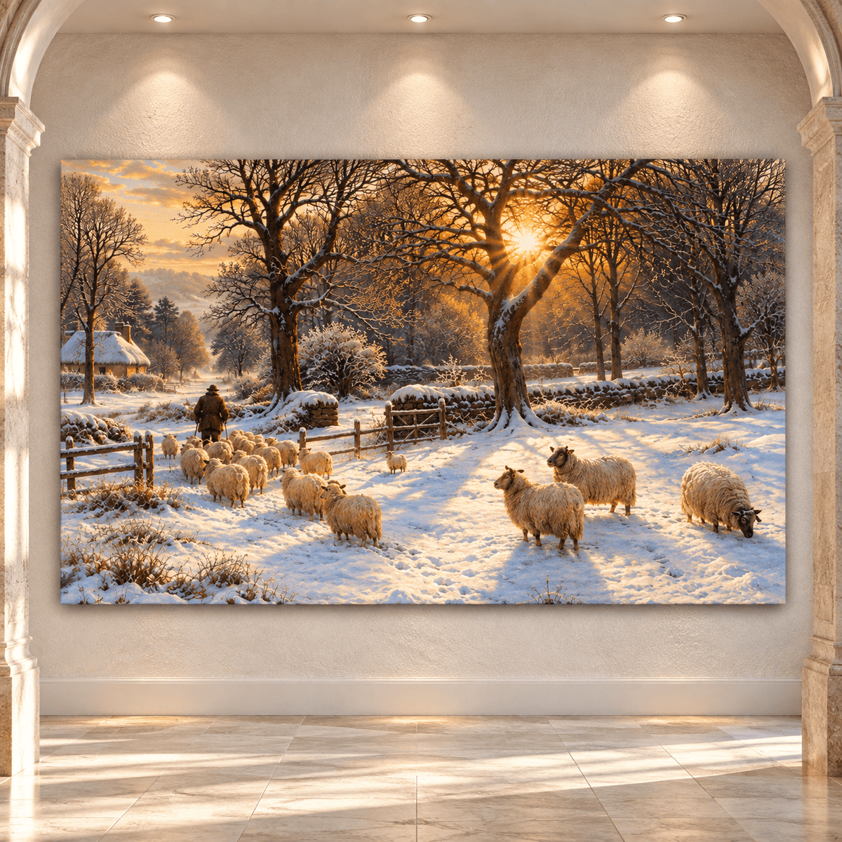 Shepherd with Sheep in Snow Wrapped Canvas Wall Art – Winter Pastoral Farm Landscape - ART OF ROYALS