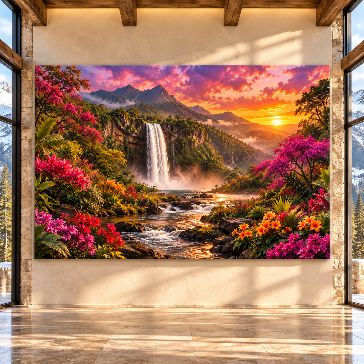 Tropical Waterfall at Sunset Wrapped Canvas Wall Art – Colorful Mountain Paradise Landscape - ART OF ROYALS