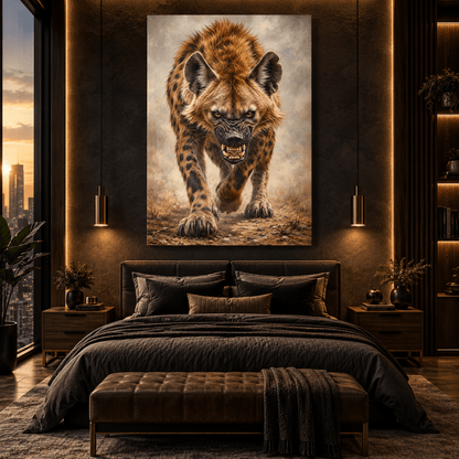 Charging Spotted Hyena Wrapped Canvas Wall Art – Fierce African Wildlife Portrait Print - ART OF ROYALS