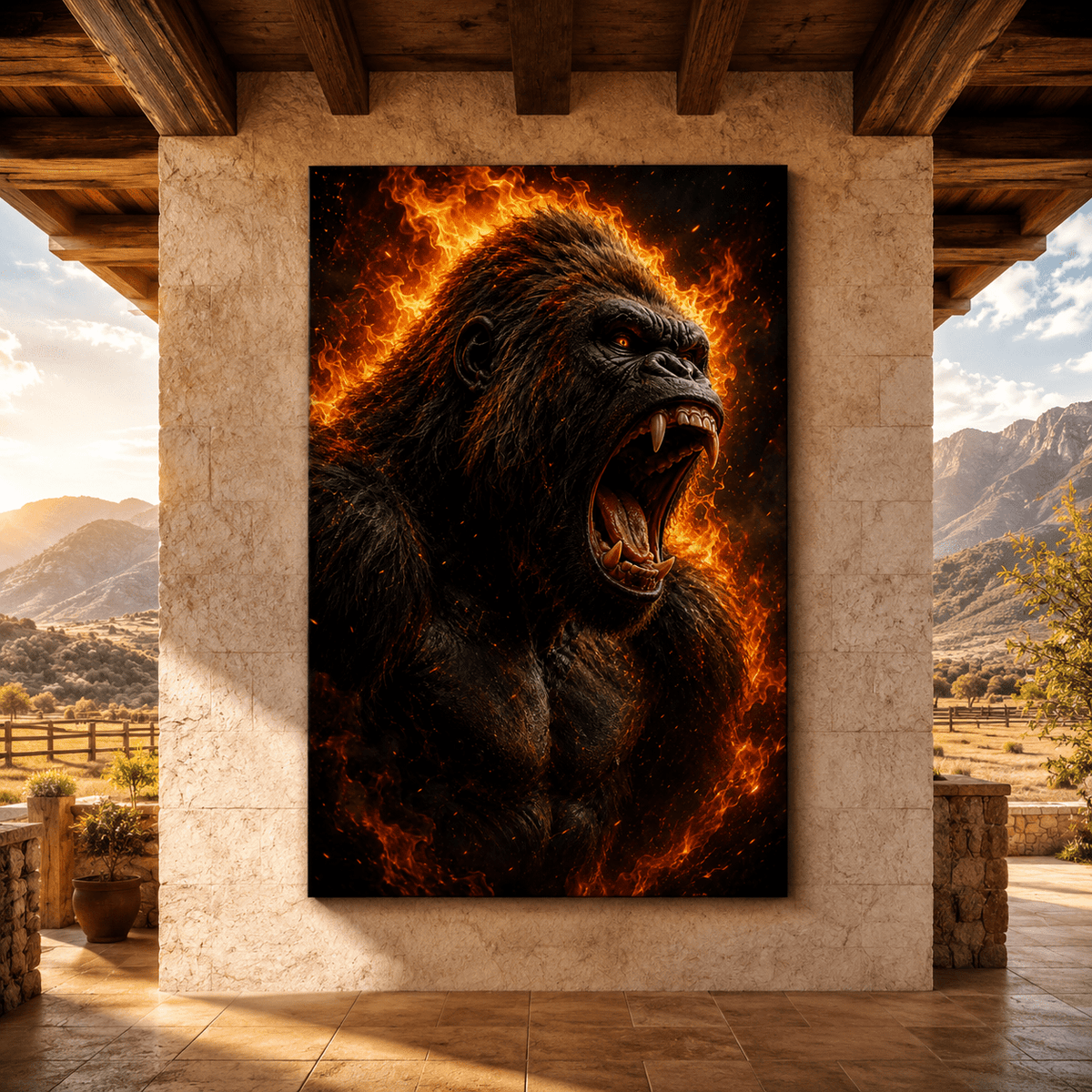 Roaring Gorilla in Flames Wrapped Canvas Wall Art – Fiery Primate Wildlife Portrait Print - ART OF ROYALS