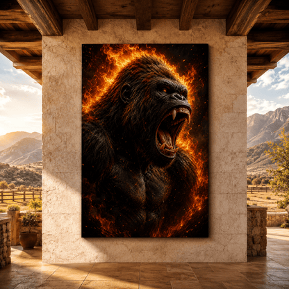 Roaring Gorilla in Flames Wrapped Canvas Wall Art – Fiery Primate Wildlife Portrait Print - ART OF ROYALS