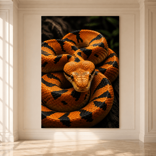 Orange & Black Snake Wrapped Canvas Wall Art – Coiled Reptile Wildlife Portrait Print - ART OF ROYALS