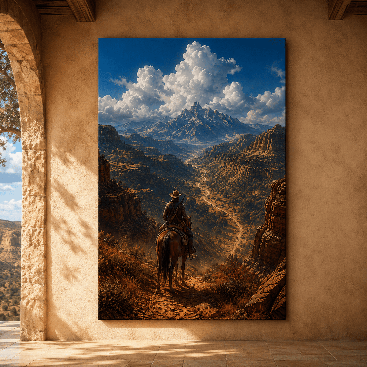 Cowboy Riding Through Grand Western Canyon Wrapped Canvas Wall Art – Mountain Trail Landscape Print - ART OF ROYALS