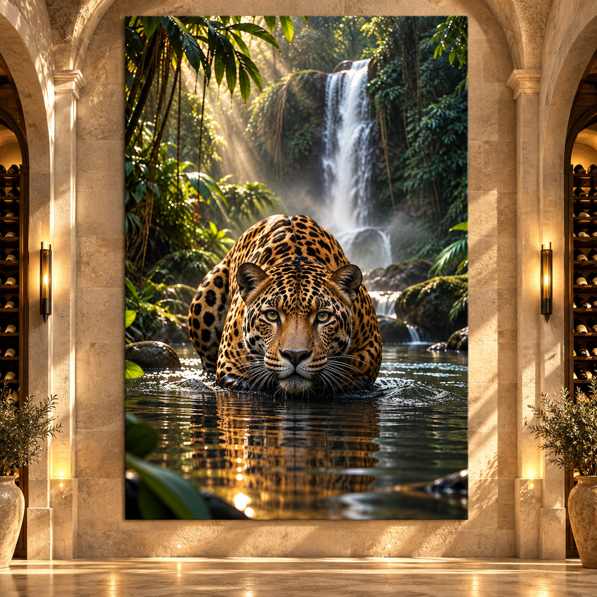 Jaguar Stalking Through Jungle Water Wrapped Canvas Wall Art – Tropical Big Cat Wildlife Print
