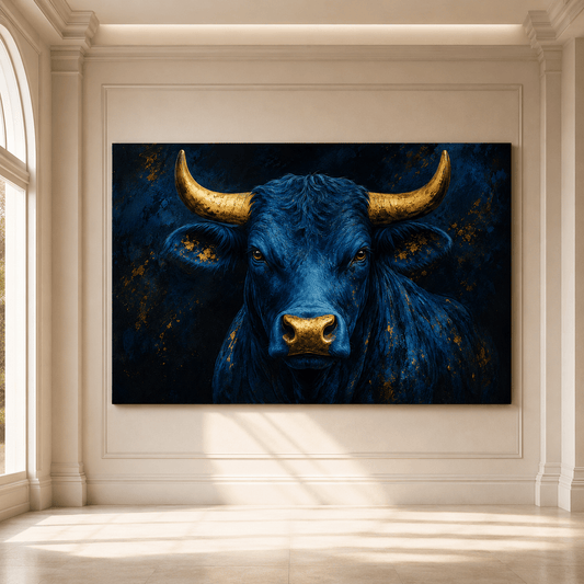 Royal Blue Bull with Gold Horns Wrapped Canvas Wall Art – Luxury Western Cattle Print - ART OF ROYALS