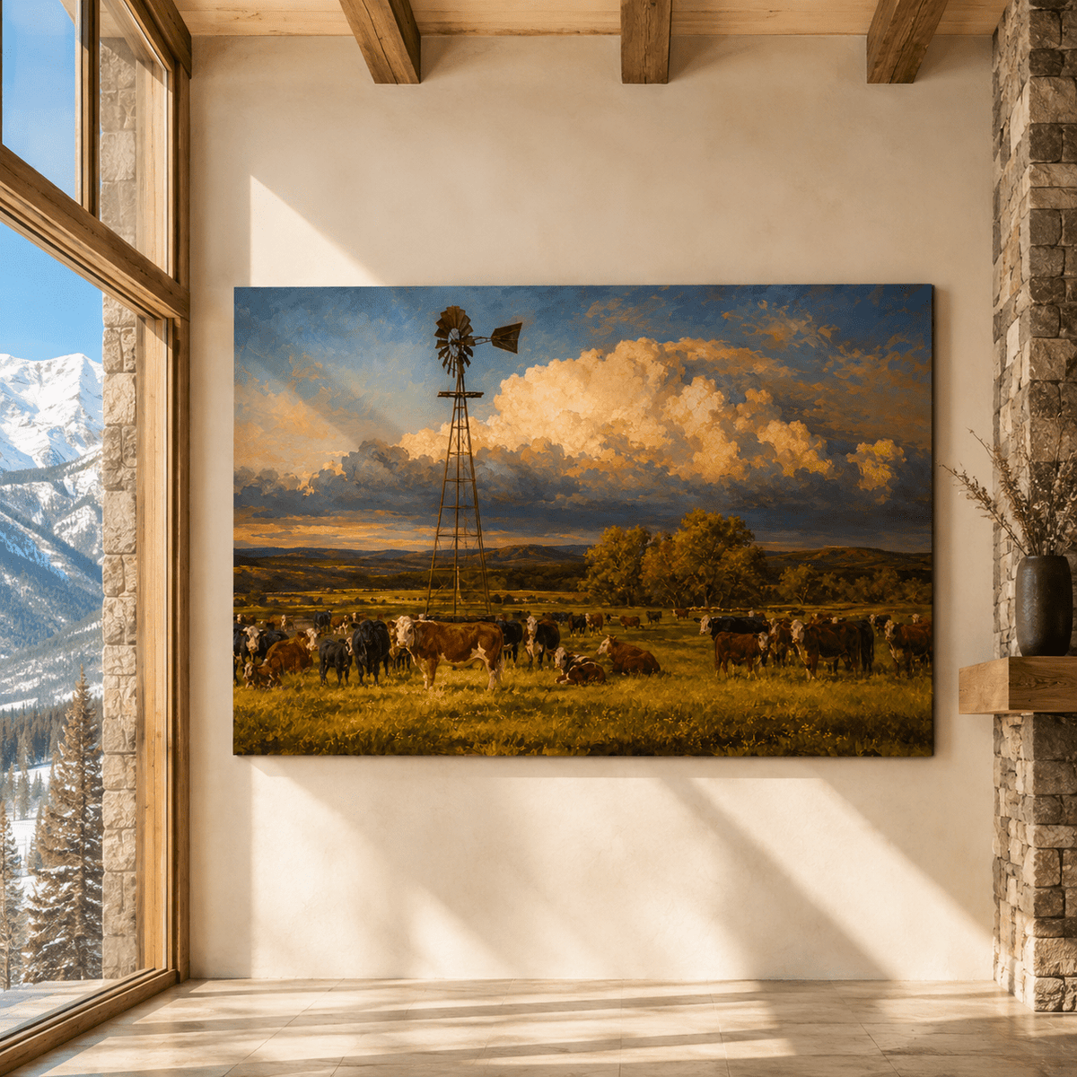 Cattle Herd and Windmill Wrapped Canvas Wall Art – Rustic Ranch Pasture Landscape Print - ART OF ROYALS