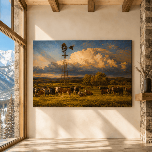 Cattle Herd and Windmill Wrapped Canvas Wall Art – Rustic Ranch Pasture Landscape Print - ART OF ROYALS