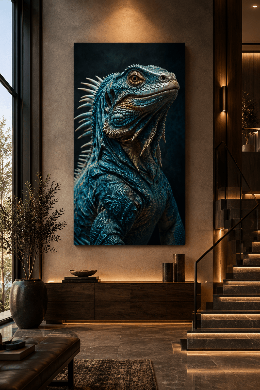 Blue Iguana Portrait Wrapped Canvas Wall Art – Teal Spiny Lizard Reptile Print - ART OF ROYALS